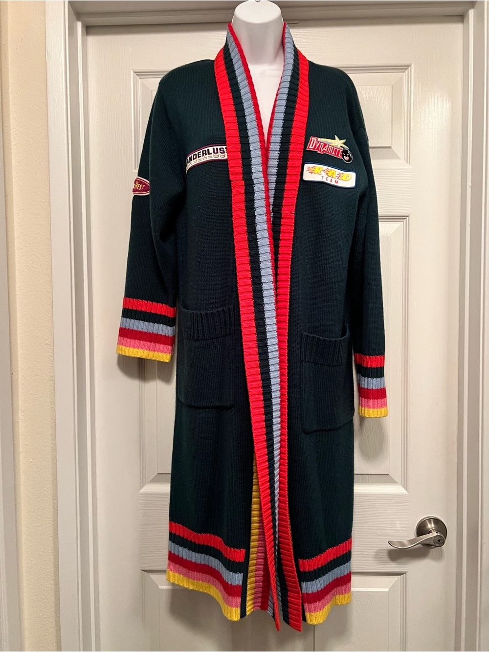 Mira Mikati Dark Green Patchwork Long Cardigan with Red, Gray & Yellow Trim